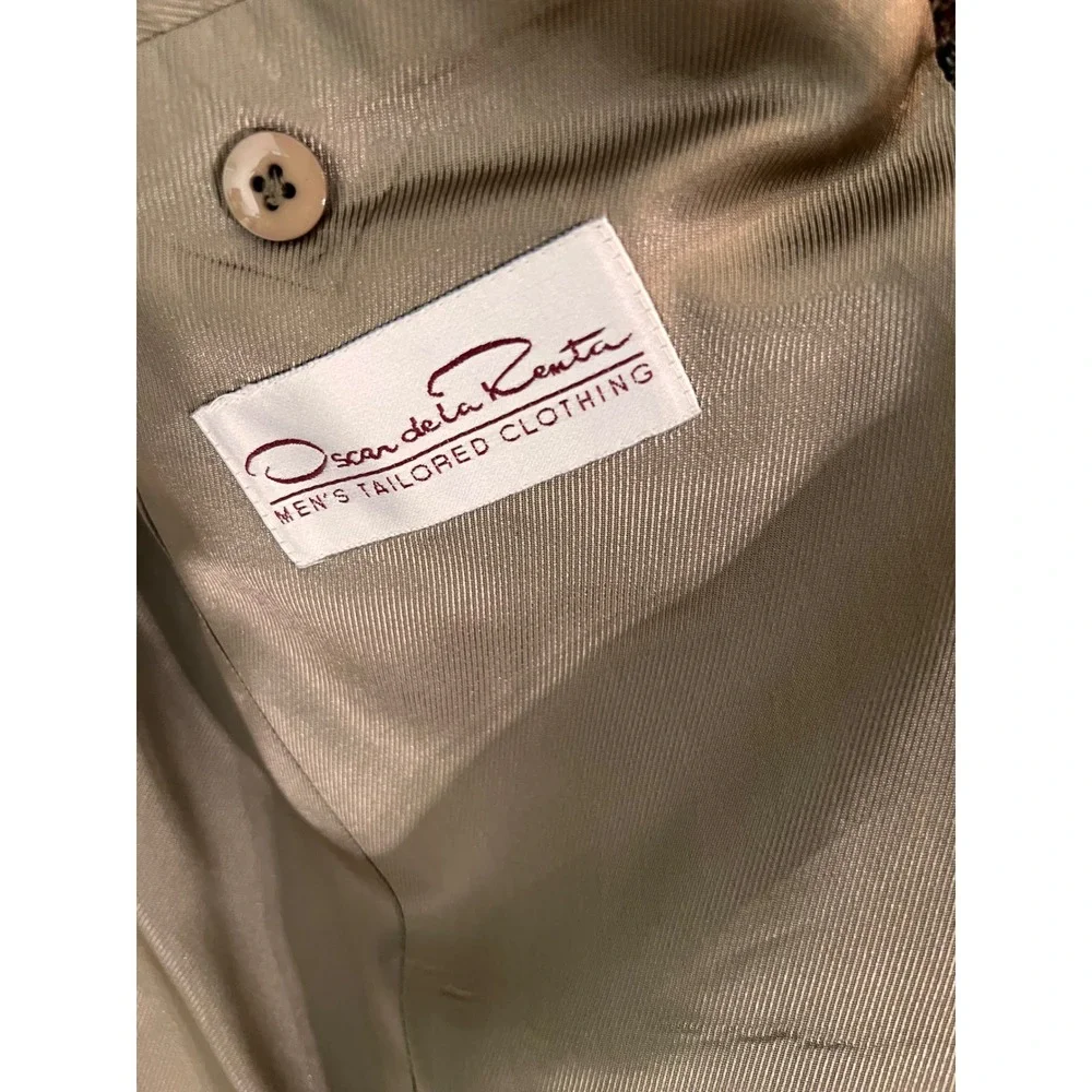 Oscar de la Renta Blazer 100% Wool Academia Houndstooth Sport Coat Brown Tan 41R